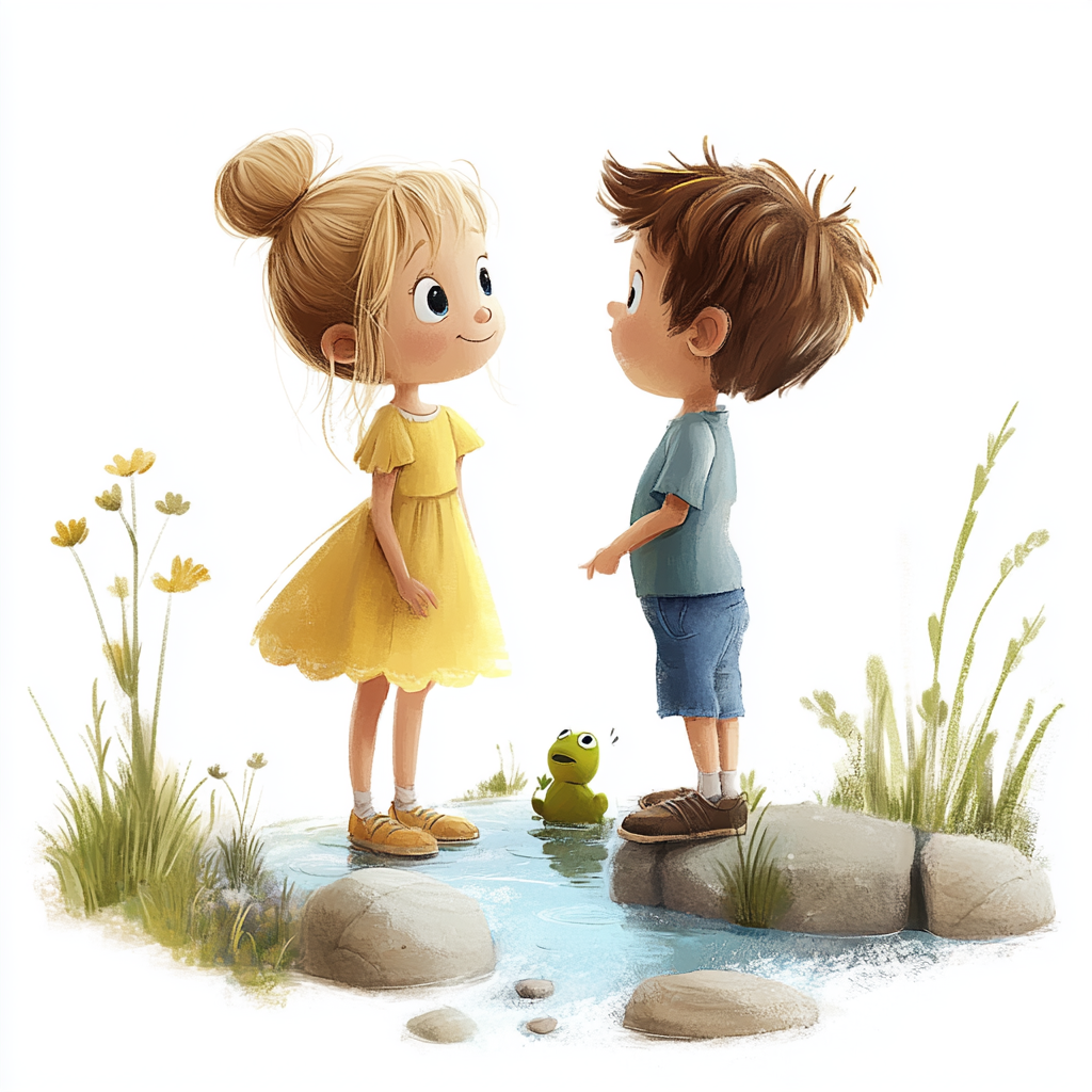 Kids talking by river in cartoony spring setting 