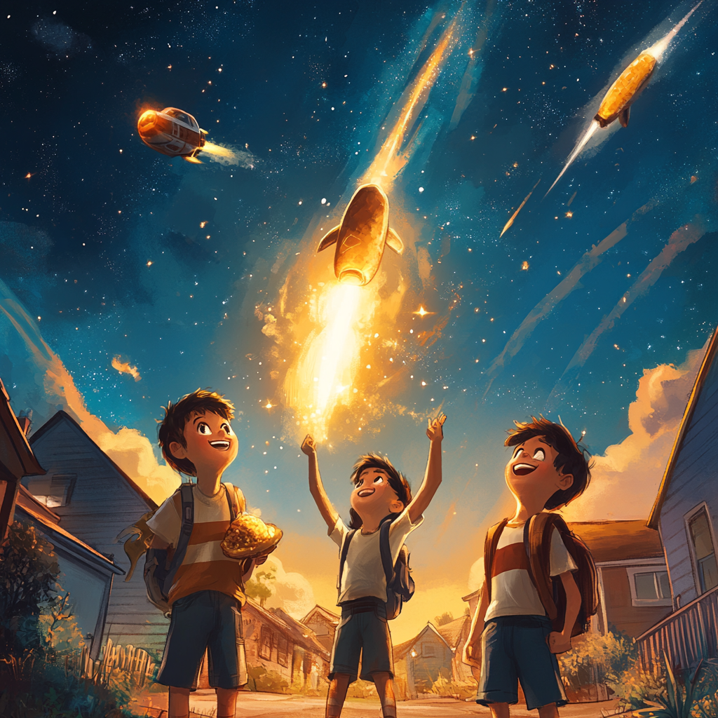 Kids trade corndog for spaceship, break universe, find home.