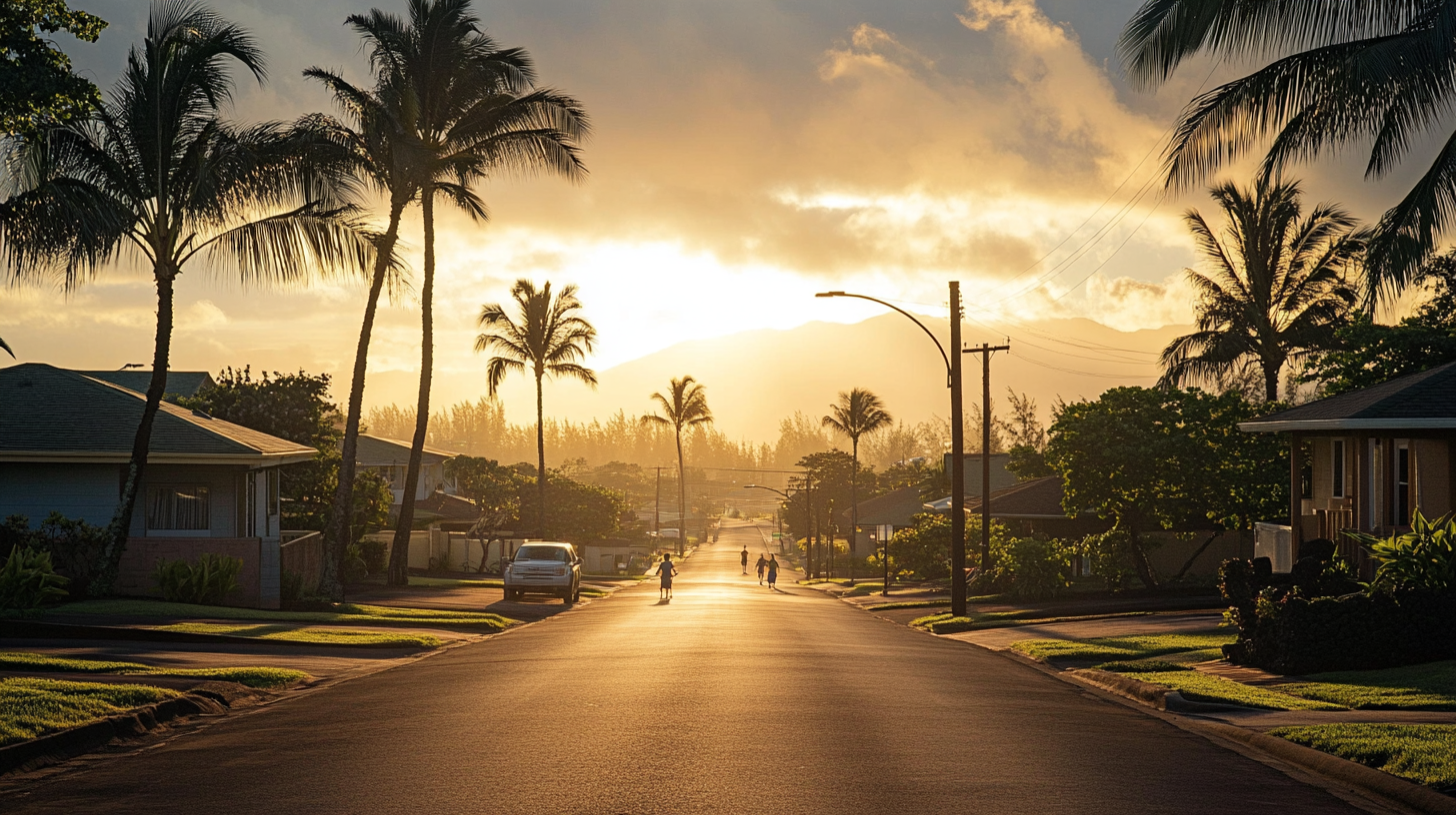 Kids walking home in Hawaiian neighborhood, cinematic perspective