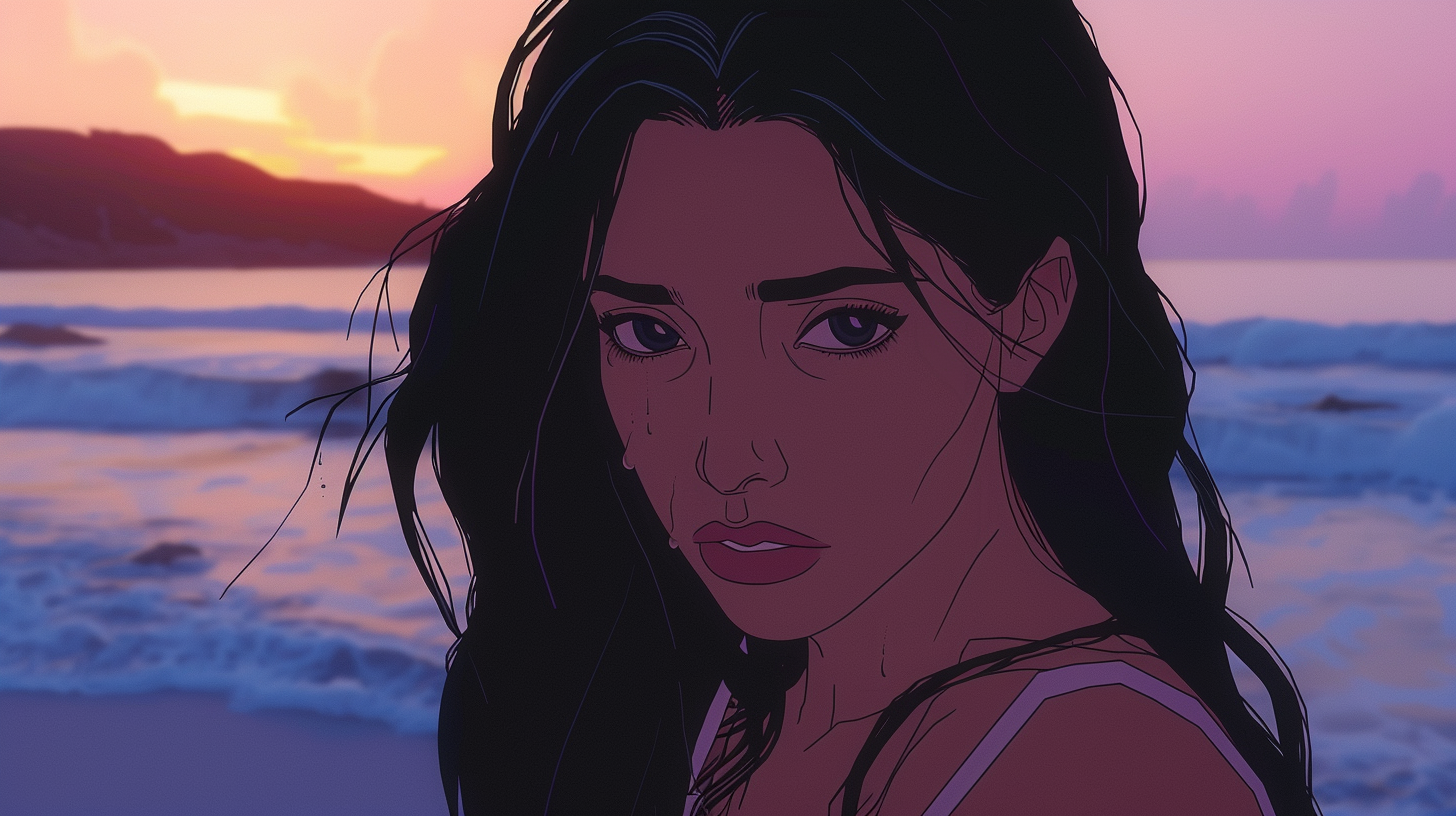 Kim Kardashian anime character poses with sad look.