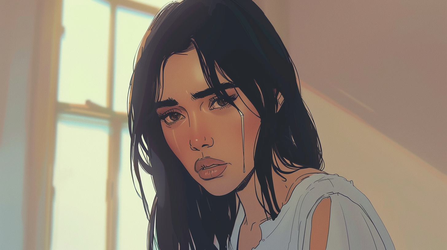 Kim Kardashian anime character recreated in sad pose.