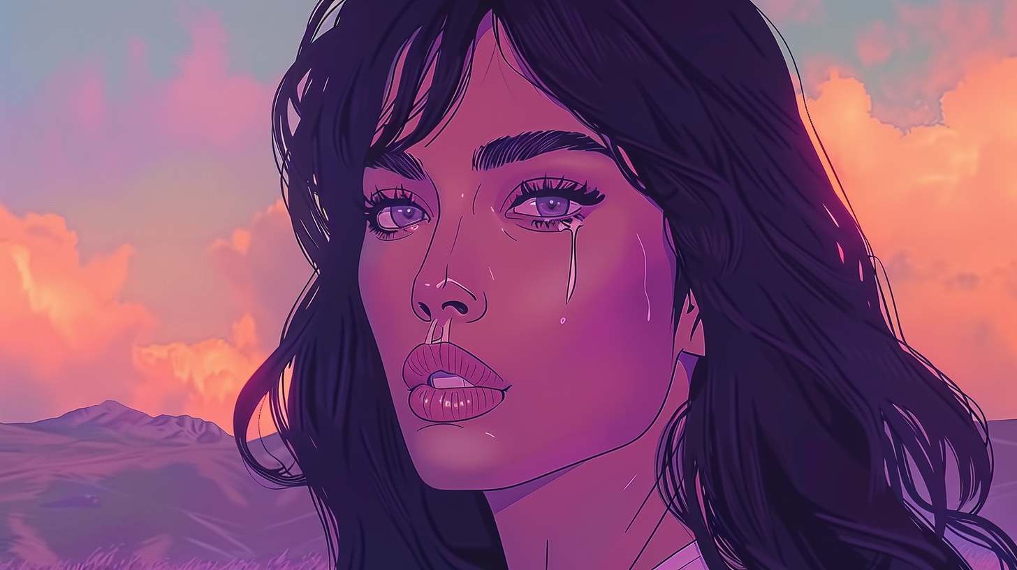 Kim Kardashian anime with sorrowful expression, peaceful background.