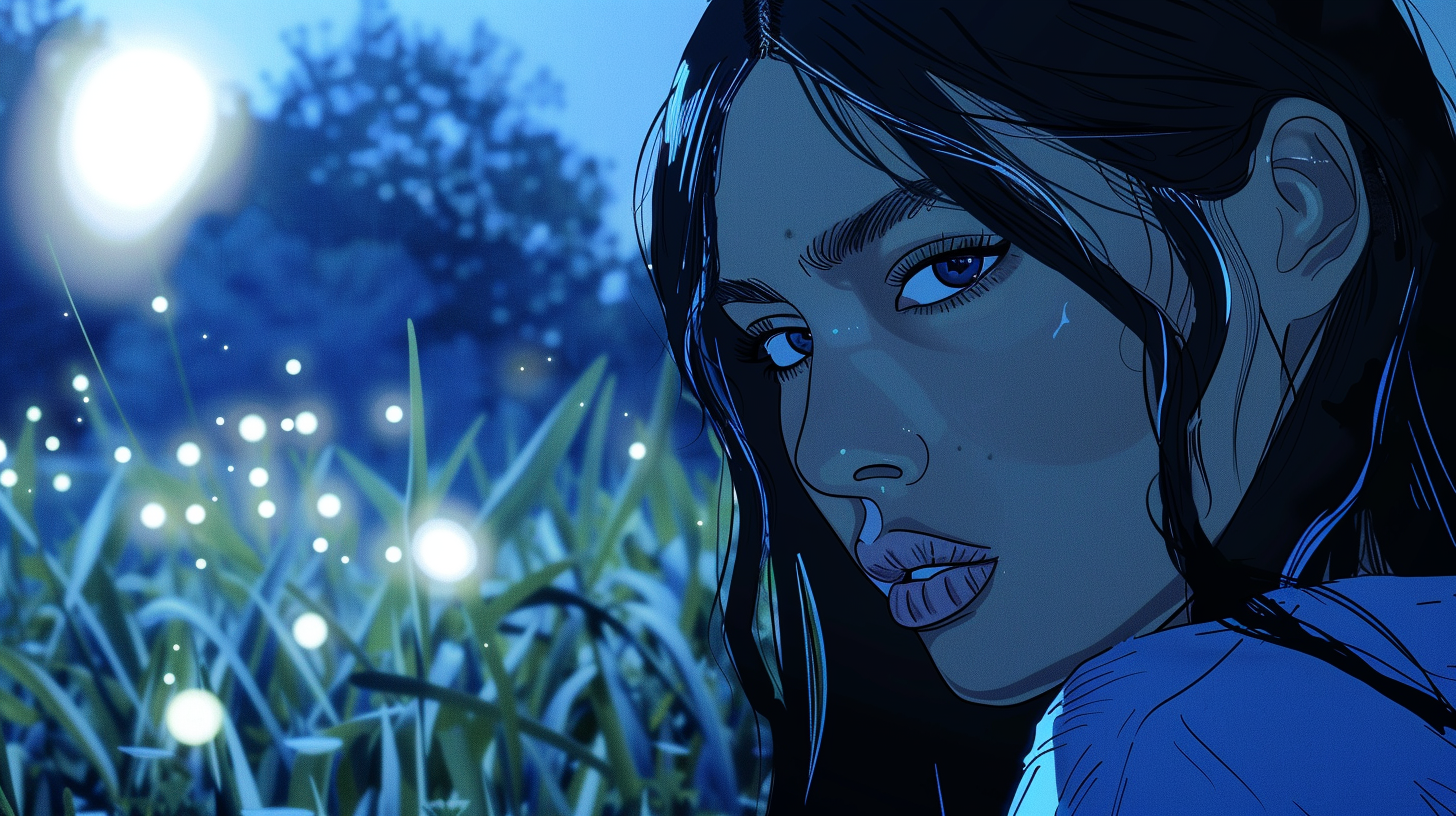 Kim Kardashian as anime character in Studio Ghibli style, upset, tranquil meadow, glowing fireflies, troubled expression.