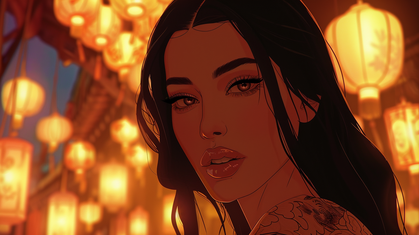 Kim Kardashian as anime character in magical market.