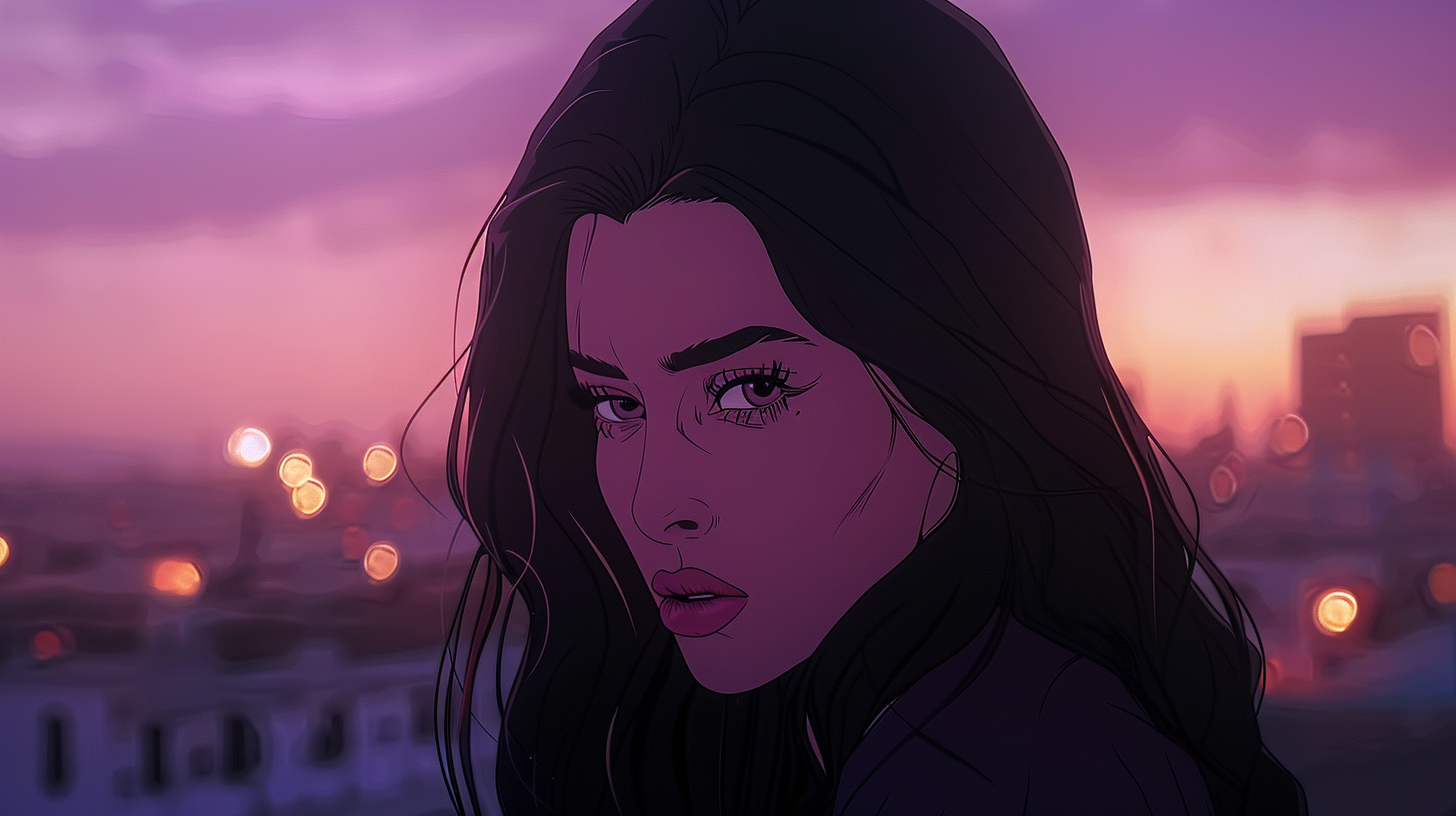 Kim Kardashian as anime character in sad pose.