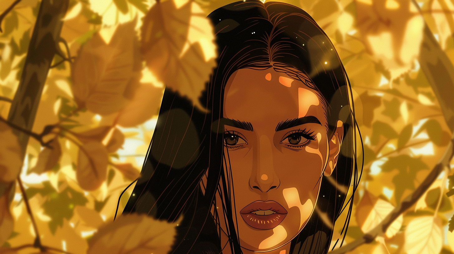 Kim Kardashian in anime portrait with autumn leaves.