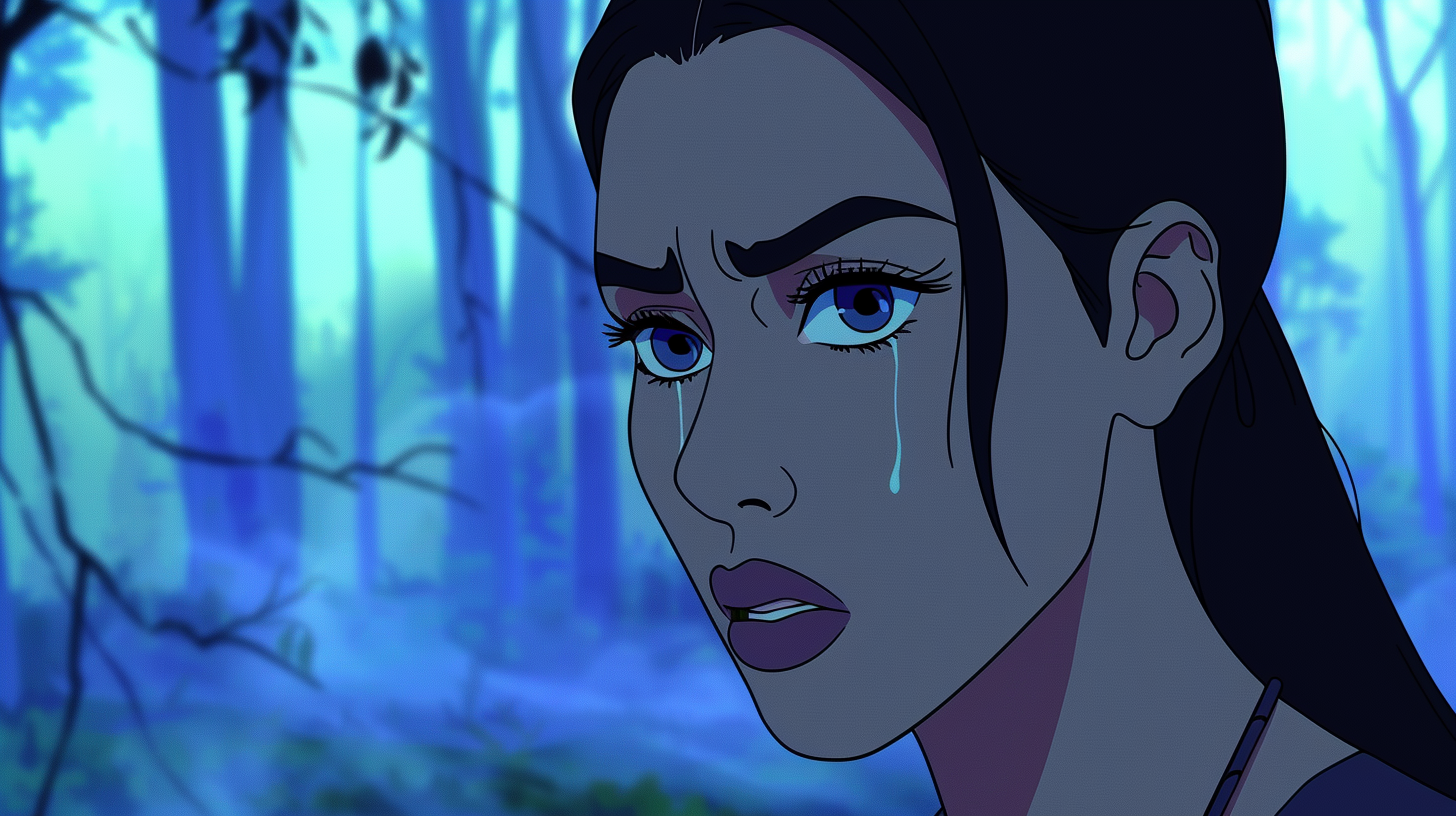 Kim Kardashian upset in Studio Ghibli style animation.