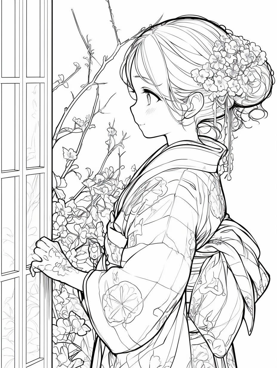 Kimono girl coloring book with thick, distinct lines smile