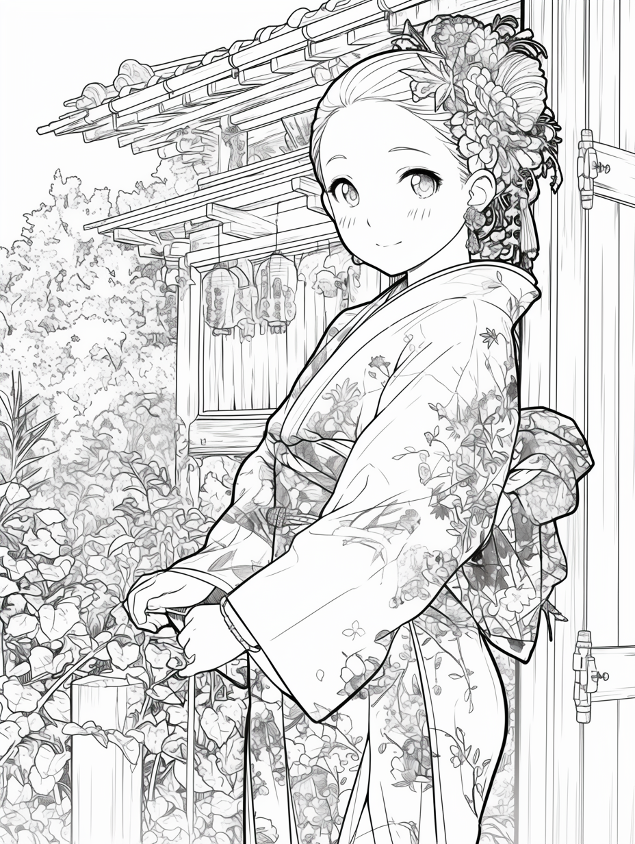 Kimono girl in coloring book, smiling at mountain shrine.