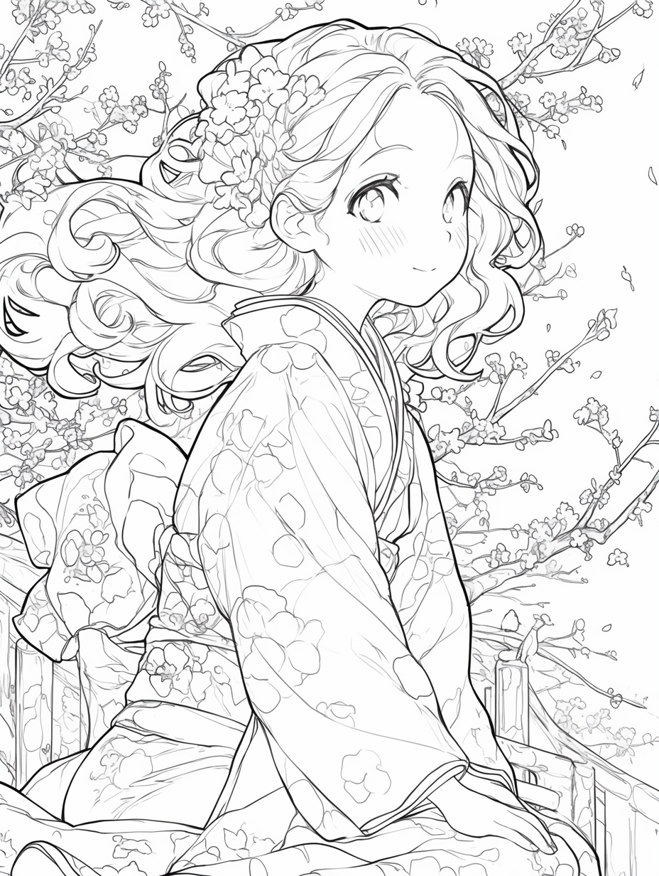 Kimono girl in coloring book with cherry blossoms.