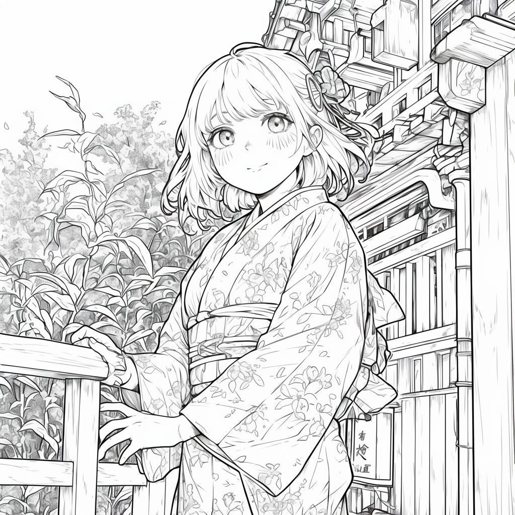 Kimono girl smiling, simple coloring book design, clear lines.