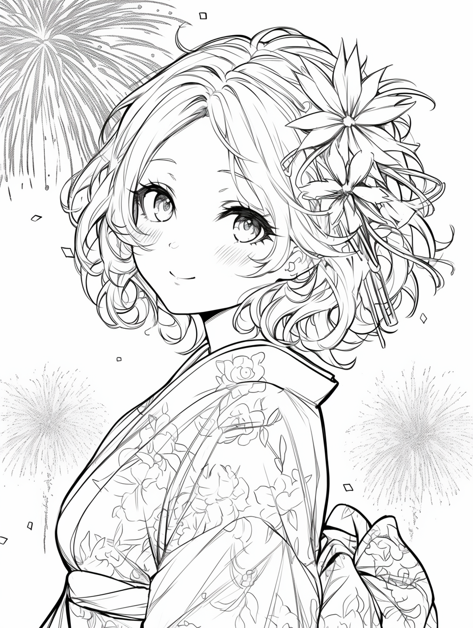 Kimono girl smiling and watching fireworks at night.