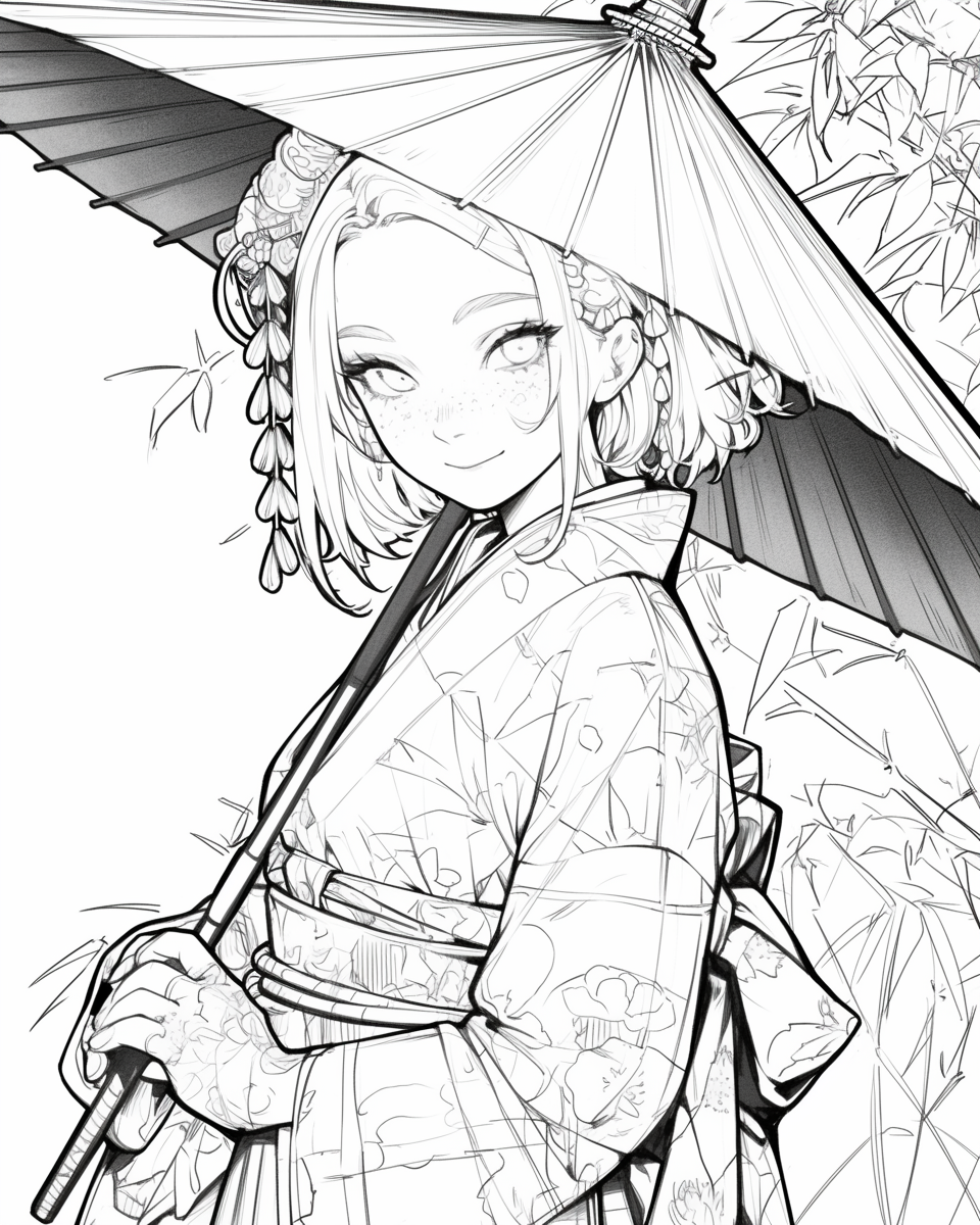 Kimono girl smiling by serene lakeside with parasol.