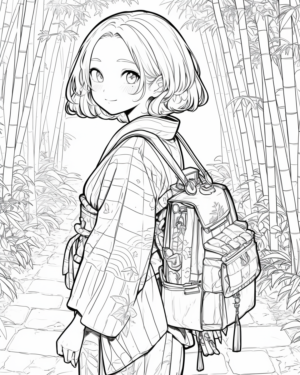 Kimono girl smiling in bamboo forest, rear view drawing.