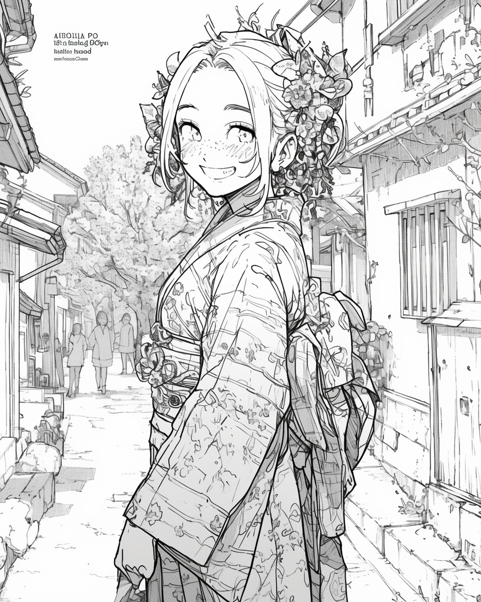 Kimono girl smiling in coloring book with thick lines.