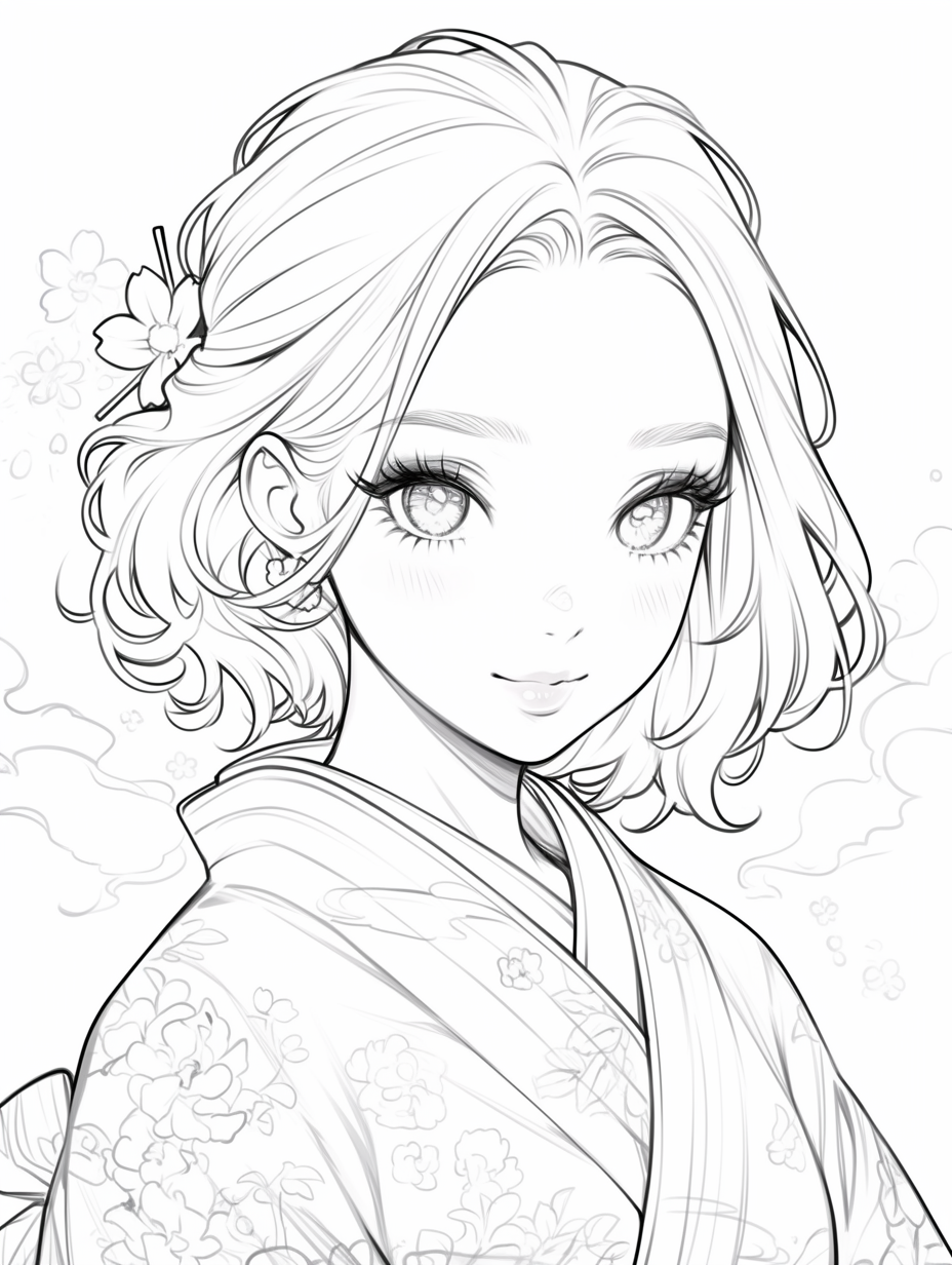 Kimono girl smiling in hot spring coloring book.