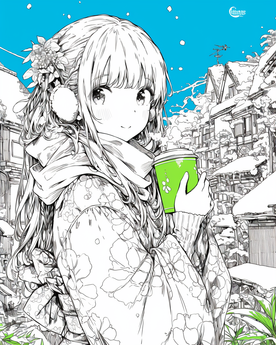 Kimono girl smiling in snowy village with tea.