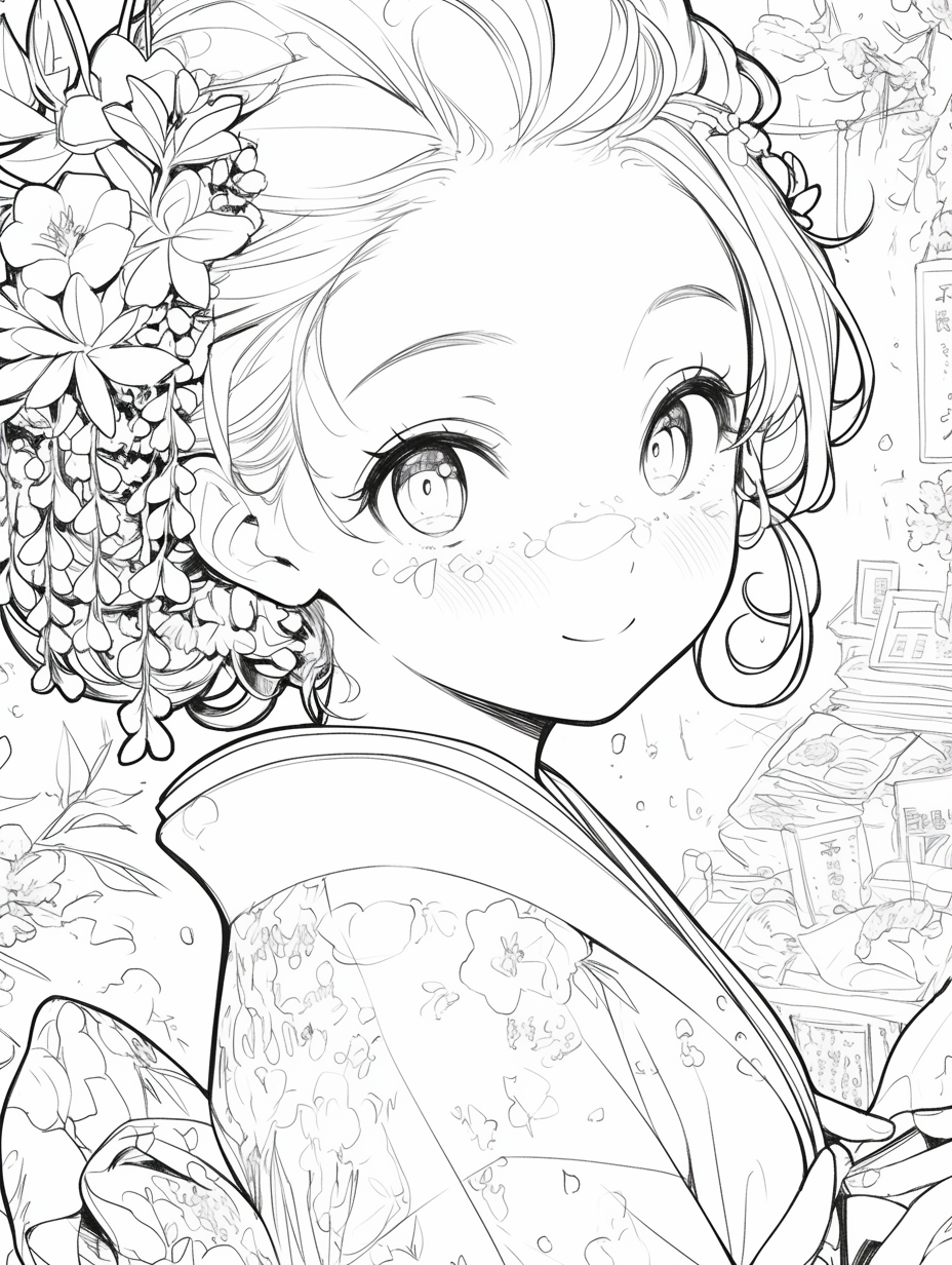 Kimono girl smiling while buying food at market.