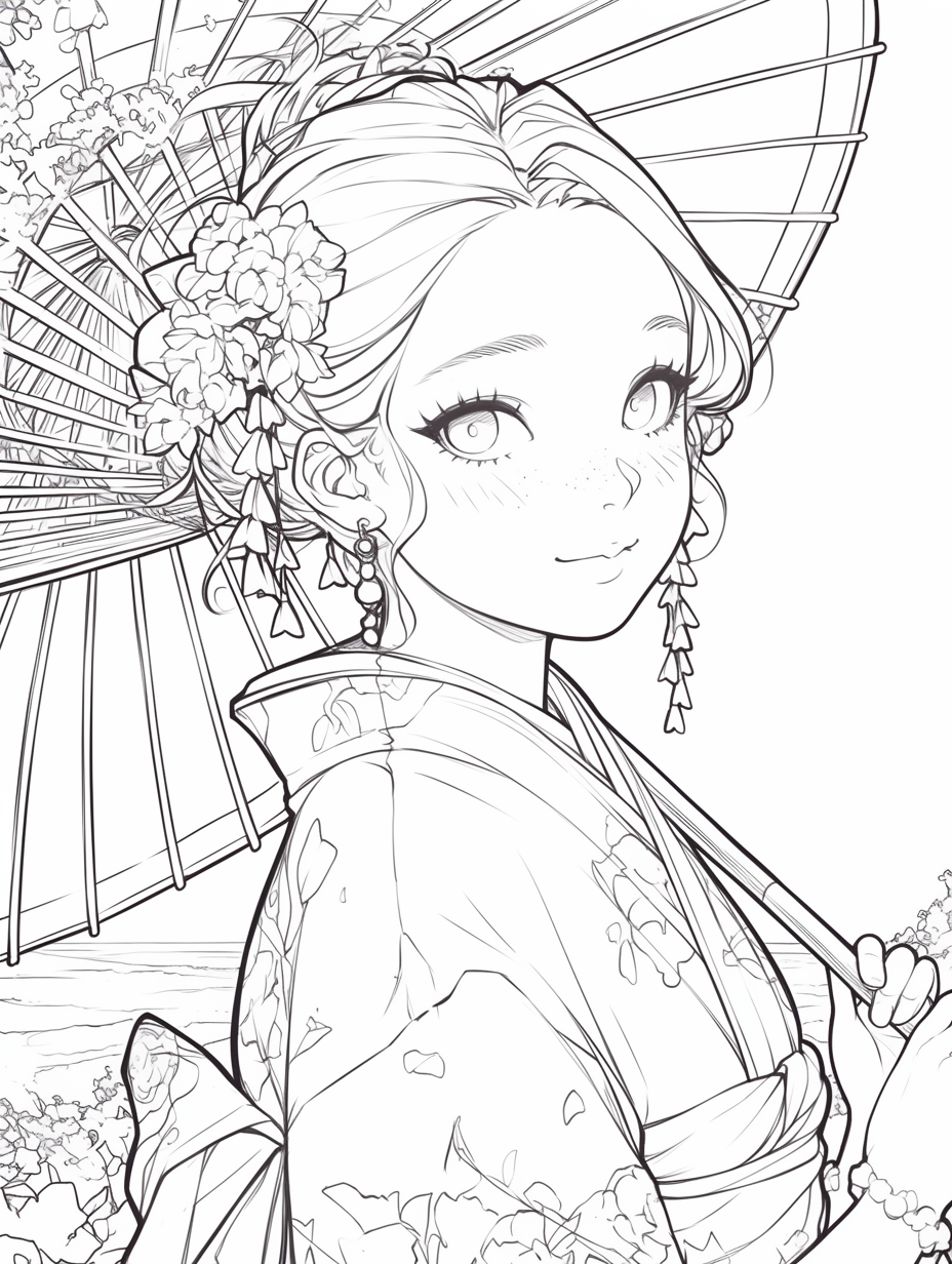 Kimono girl smiling while flying paper kite by sea.