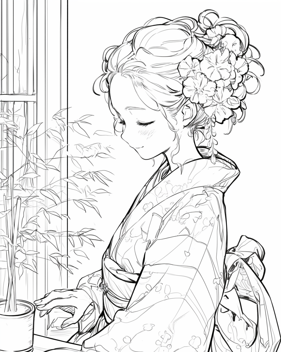 Kimono girl with a smile in coloring book style.