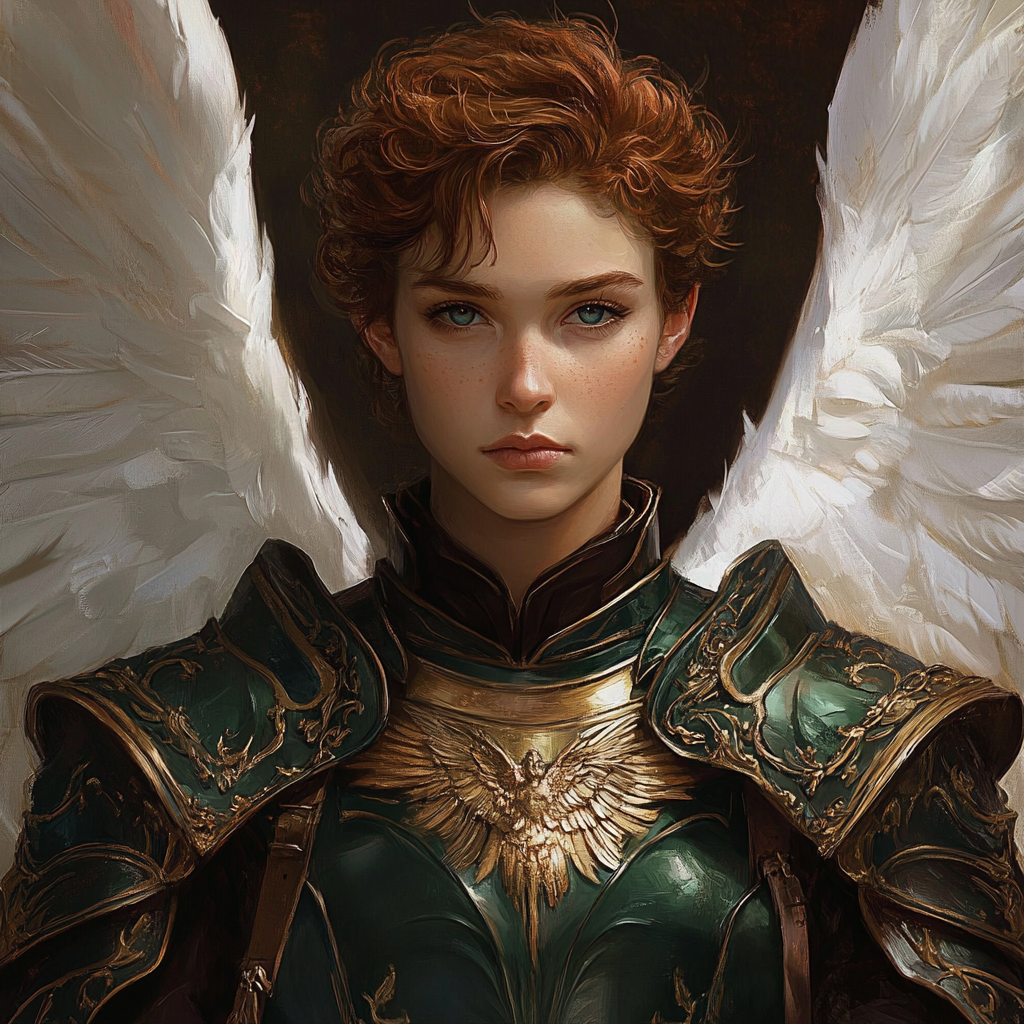 Kind, wise, powerful non-binary Archangel warrior with white wings.