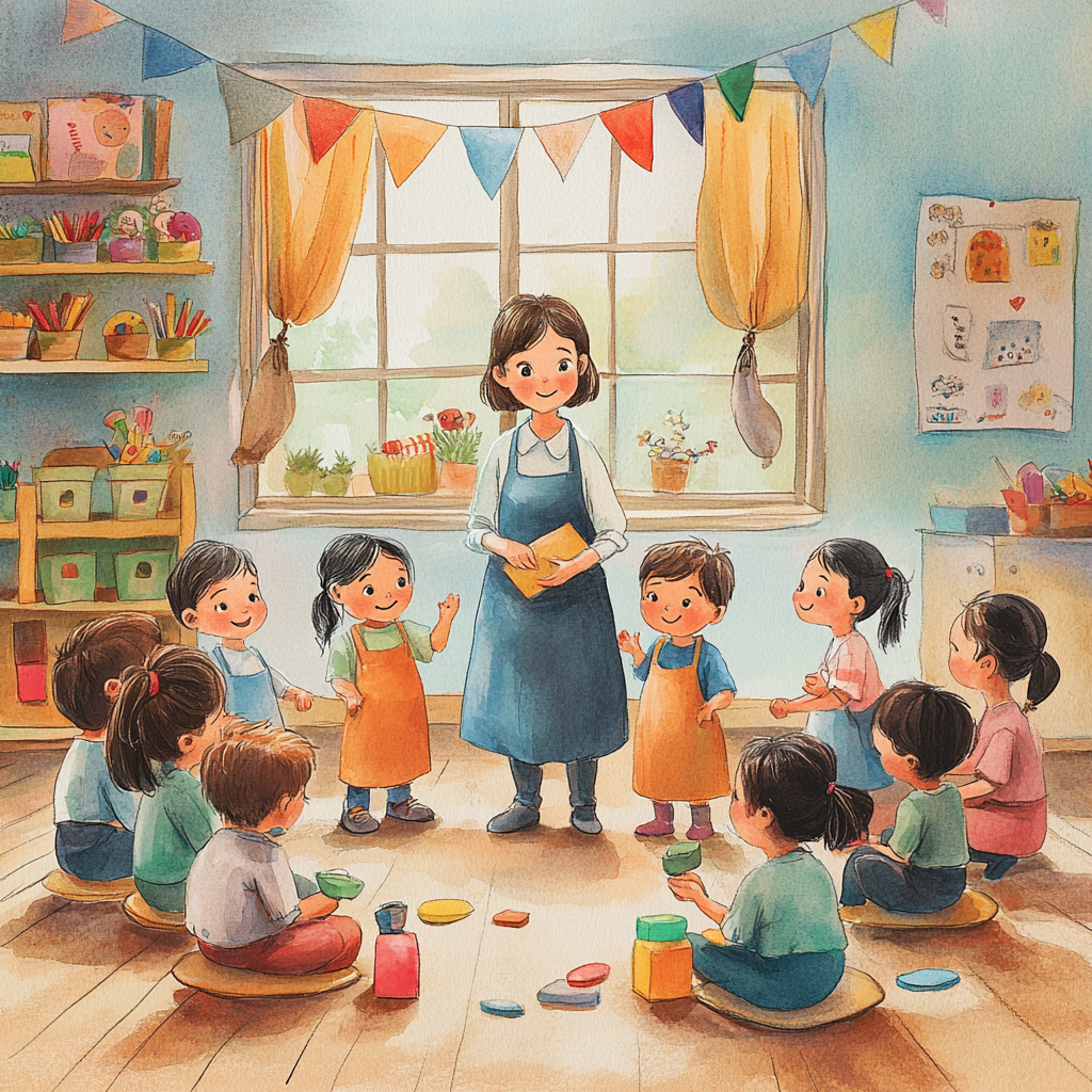 Kindergarten teacher with kids in colorful classroom setting