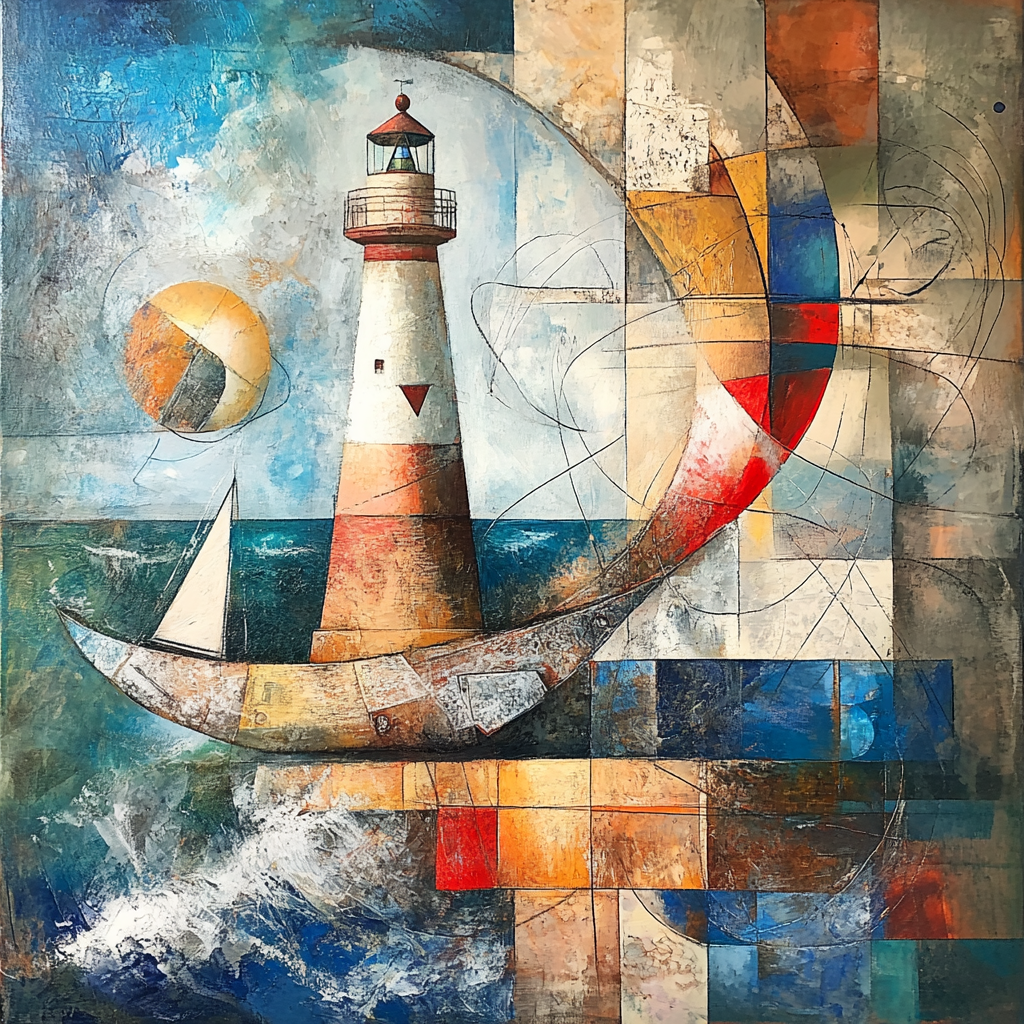 Kindred spirits and lighthouse in abstract acrylic painting.