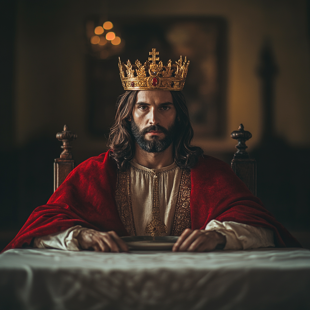 King Jesus sits at table with empty chair.