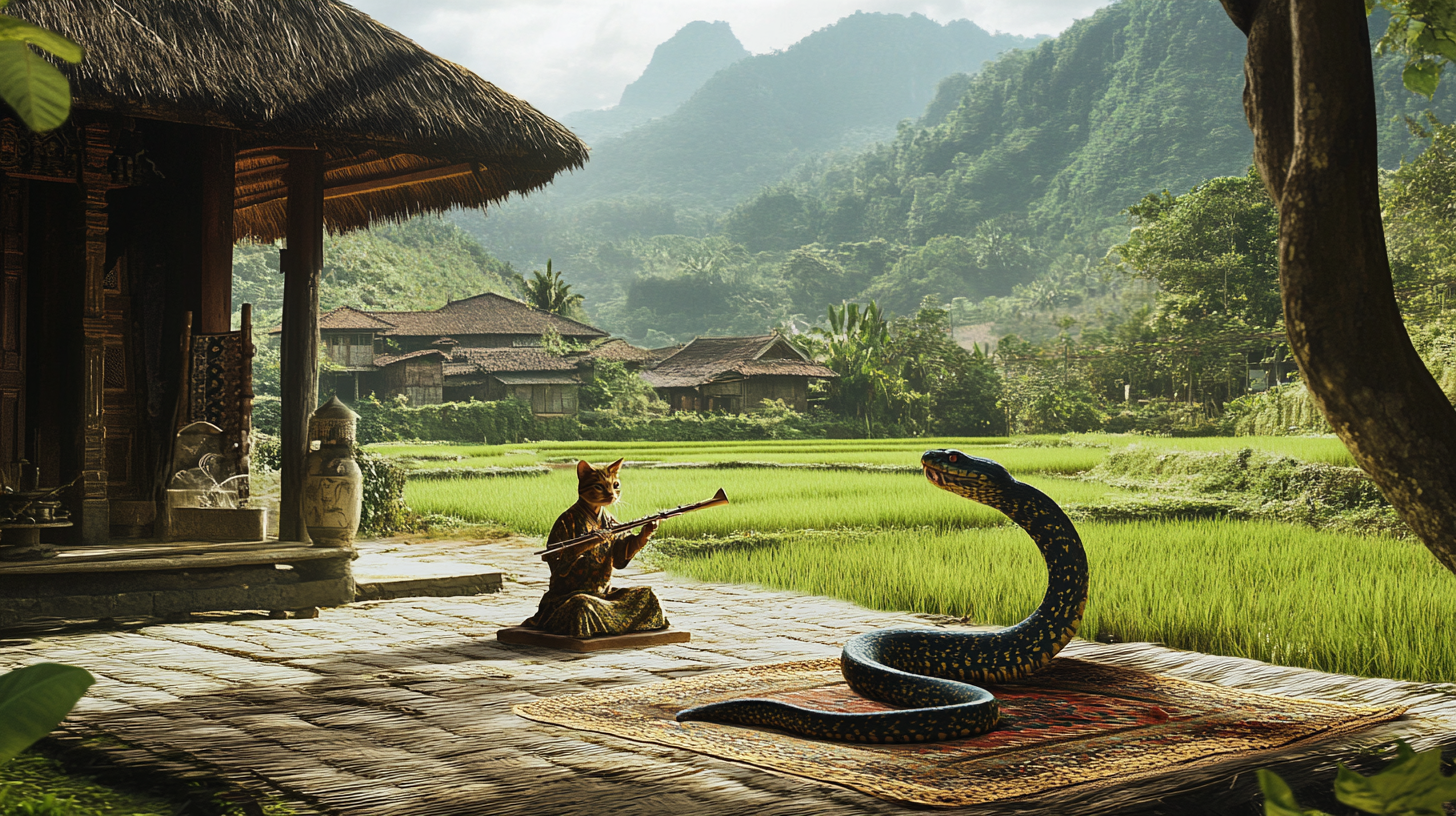 King cobra mesmerized by cat playing flute in yard