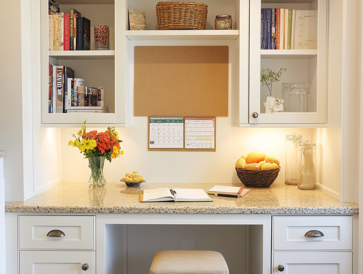 Kitchen Desk Nook with Granite Countertop and Shelving