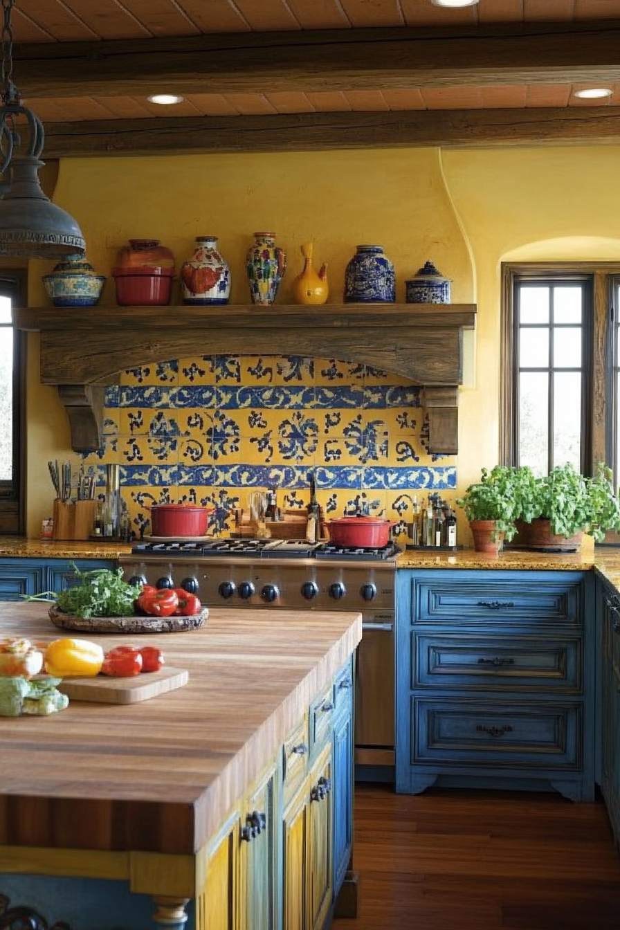 Kitchen design with vibrant Mediterranean colors and elements.