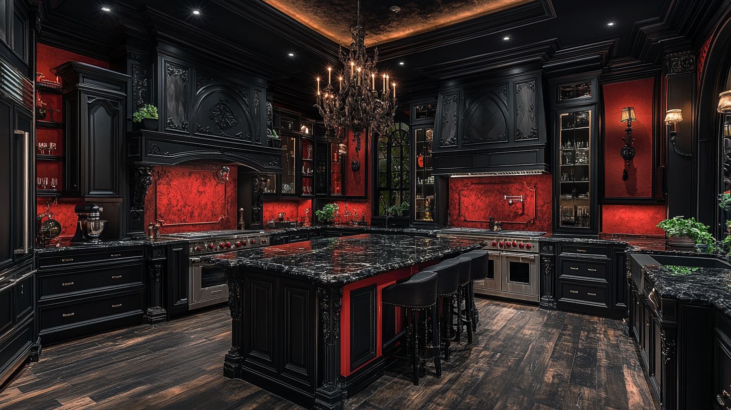 Kitchen with dark cabinets, black marble, gothic chandelier. Luxurious.