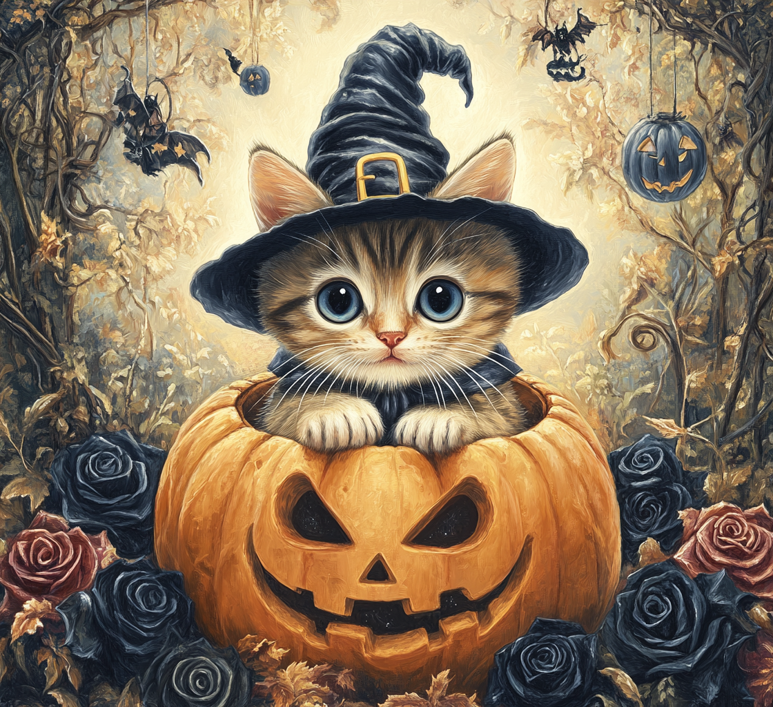 Kitten in witch hat, pumpkin, moon, black roses, Halloween.