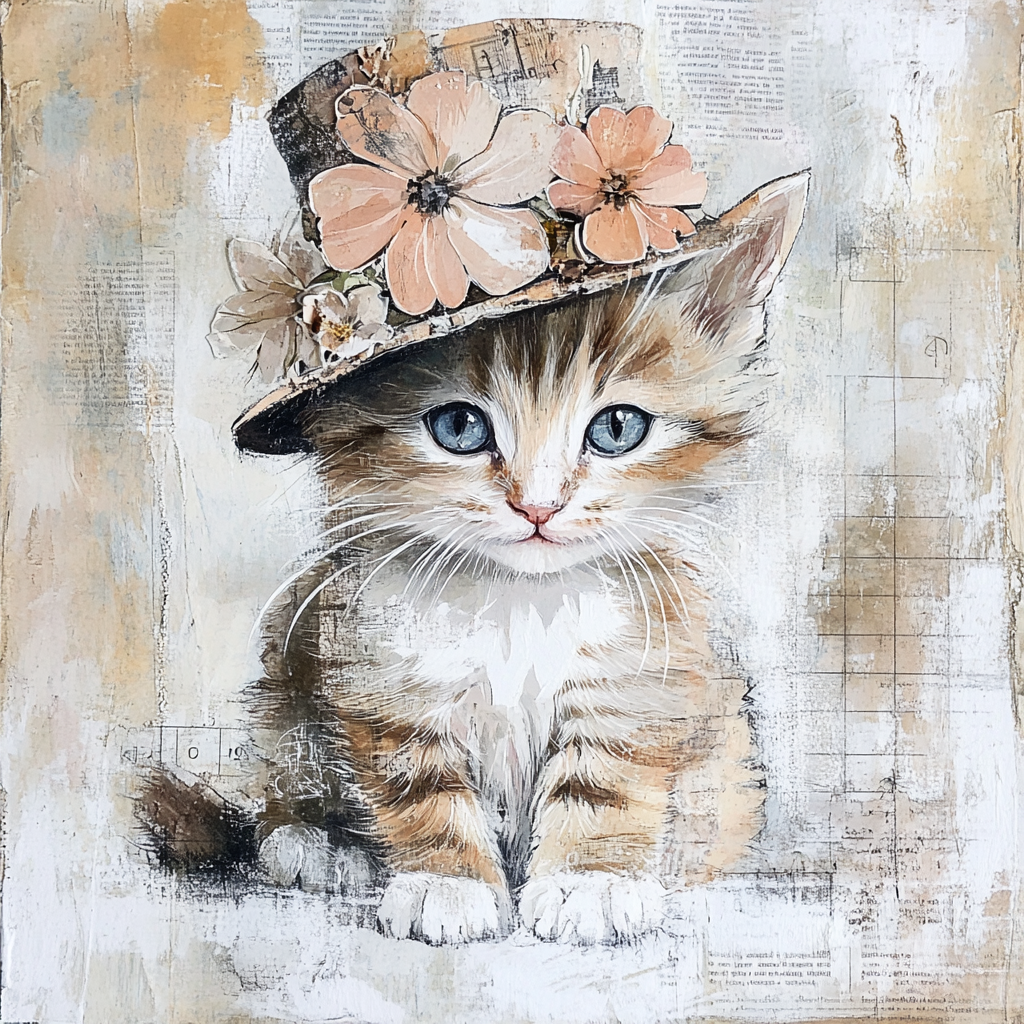 Kitten with blue eyes wearing quirky hat. Beautiful colors.