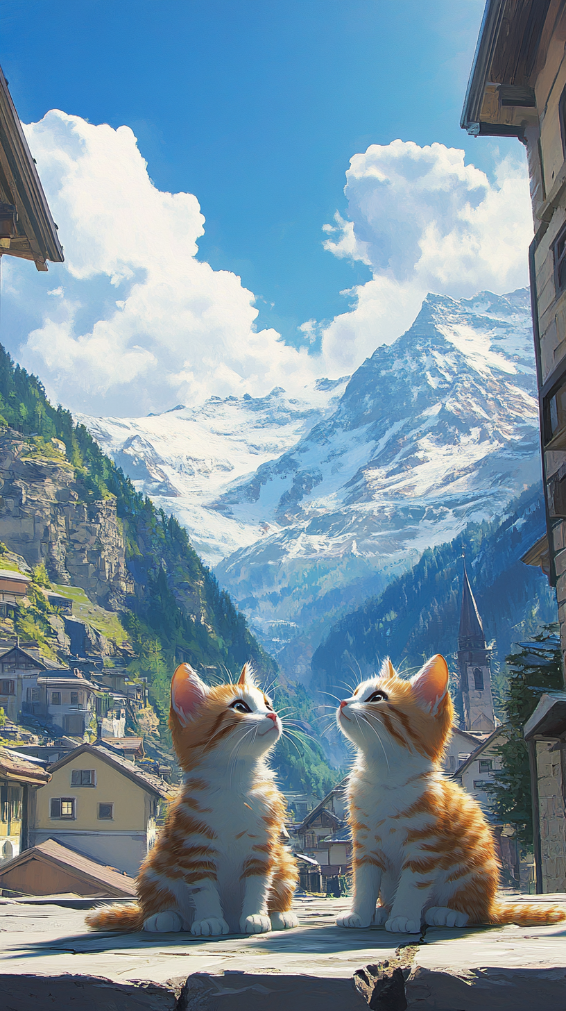 Kittens playing in Grimentz village under clear sky