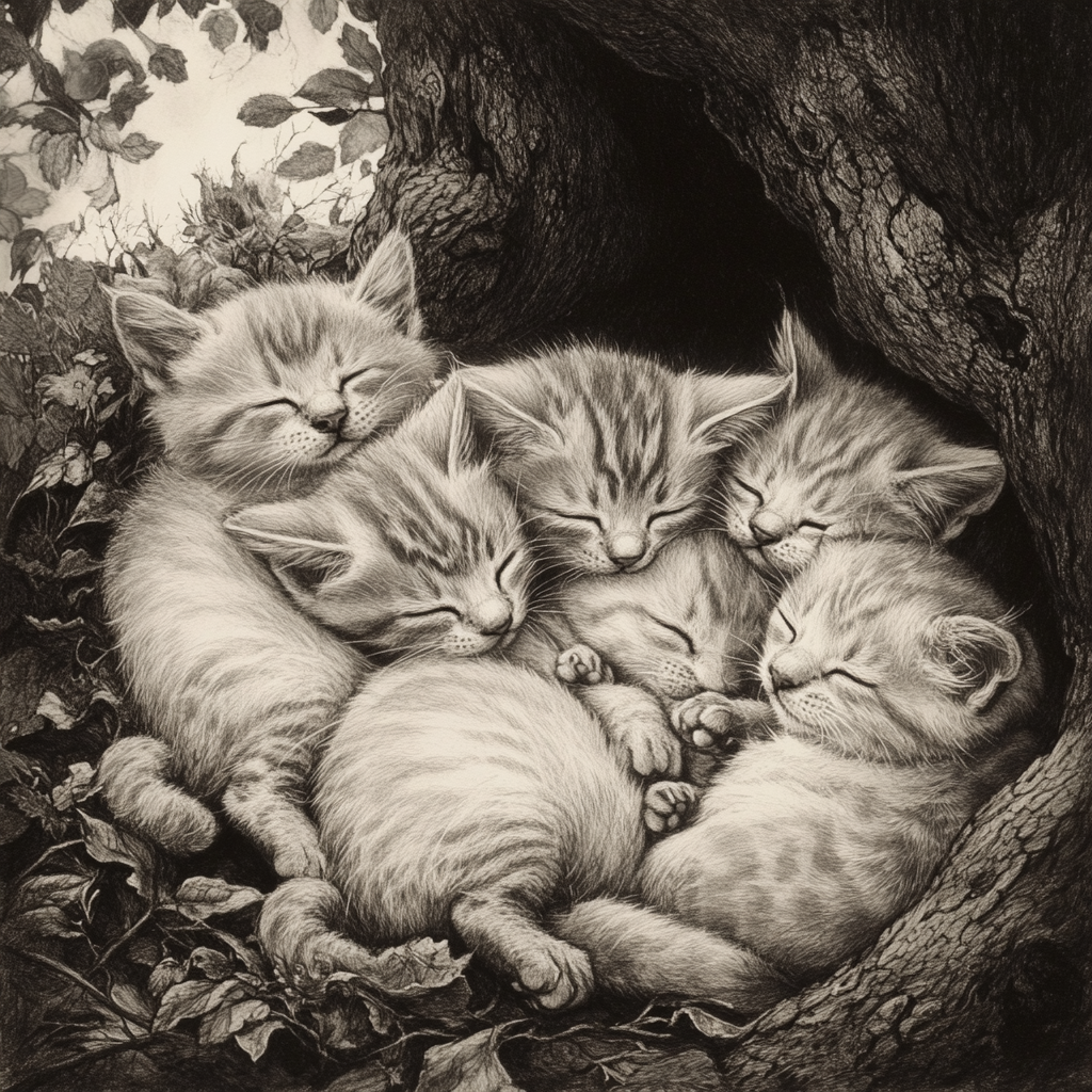 Kittens sharing crumbs under tree, dreaming of warmth