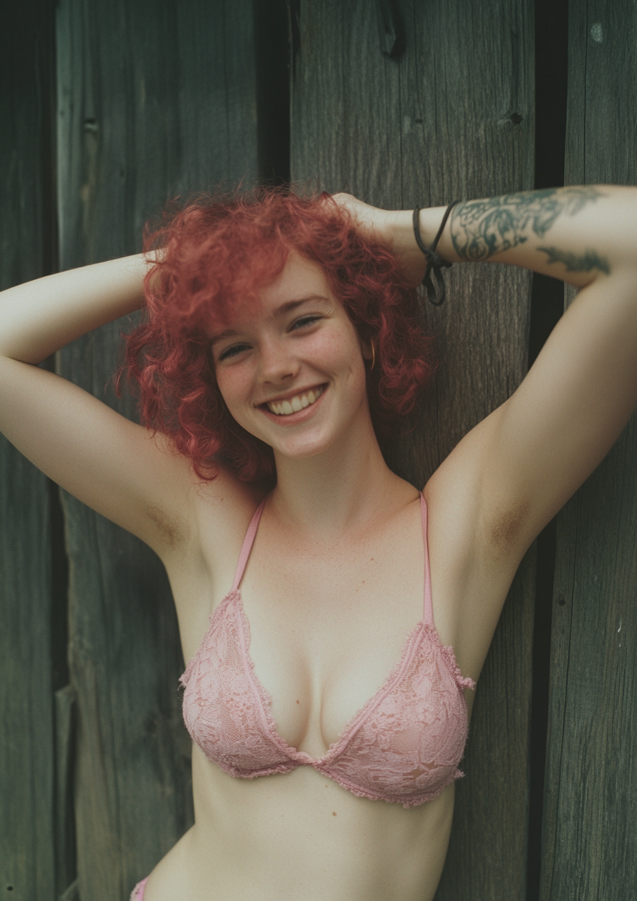 Kitty with pink curly hair and slim waist.