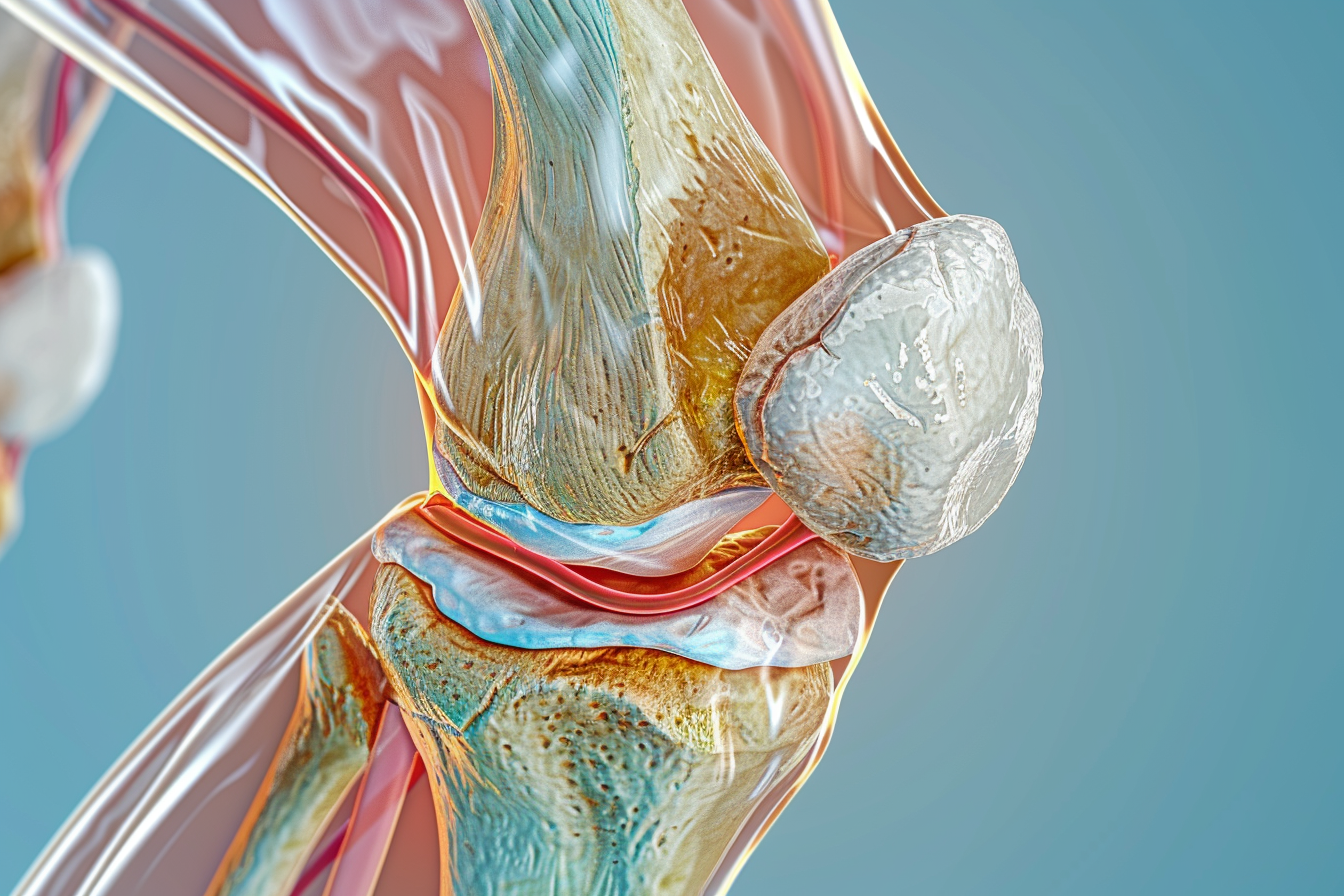 Knee joint with crystals, cartilage, inflammation, anatomical detail, educational.