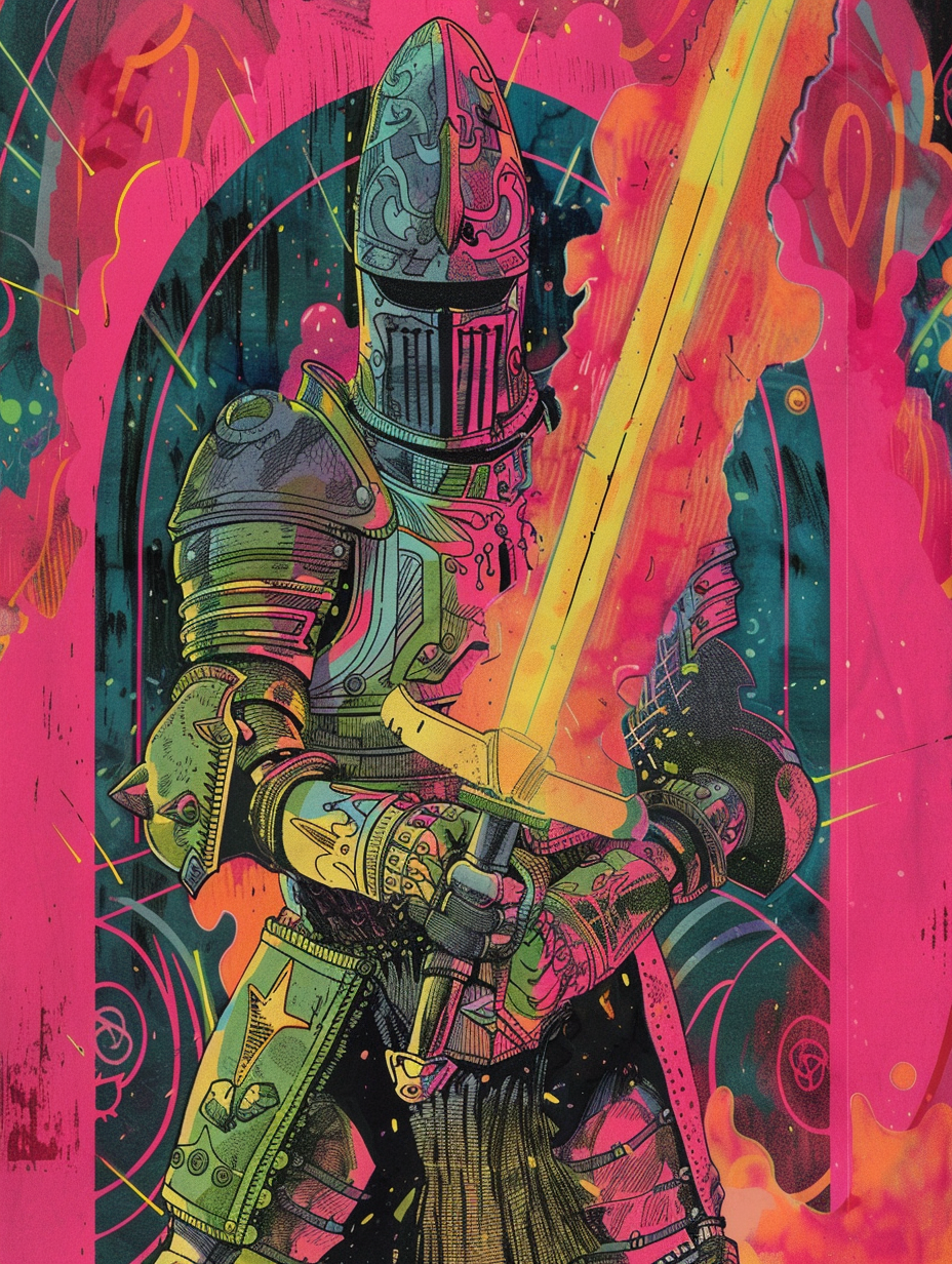 Knight Holding Laser Sword in Psychedelic Portal