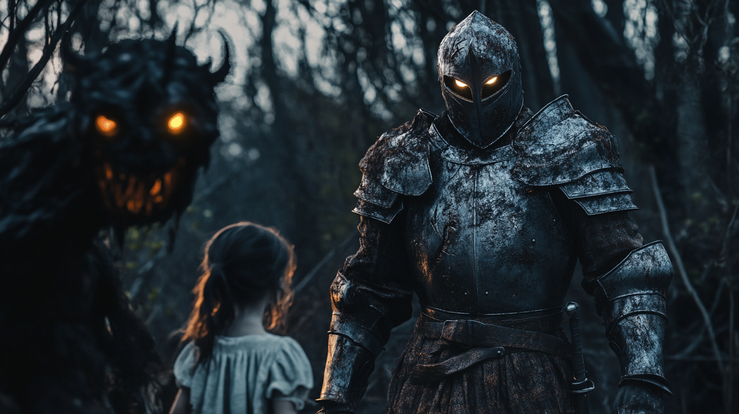 Knight Protecting Girl in Haunted Forest