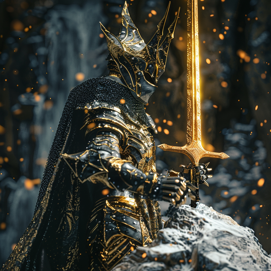 Knight in golden armor holding sword in rock