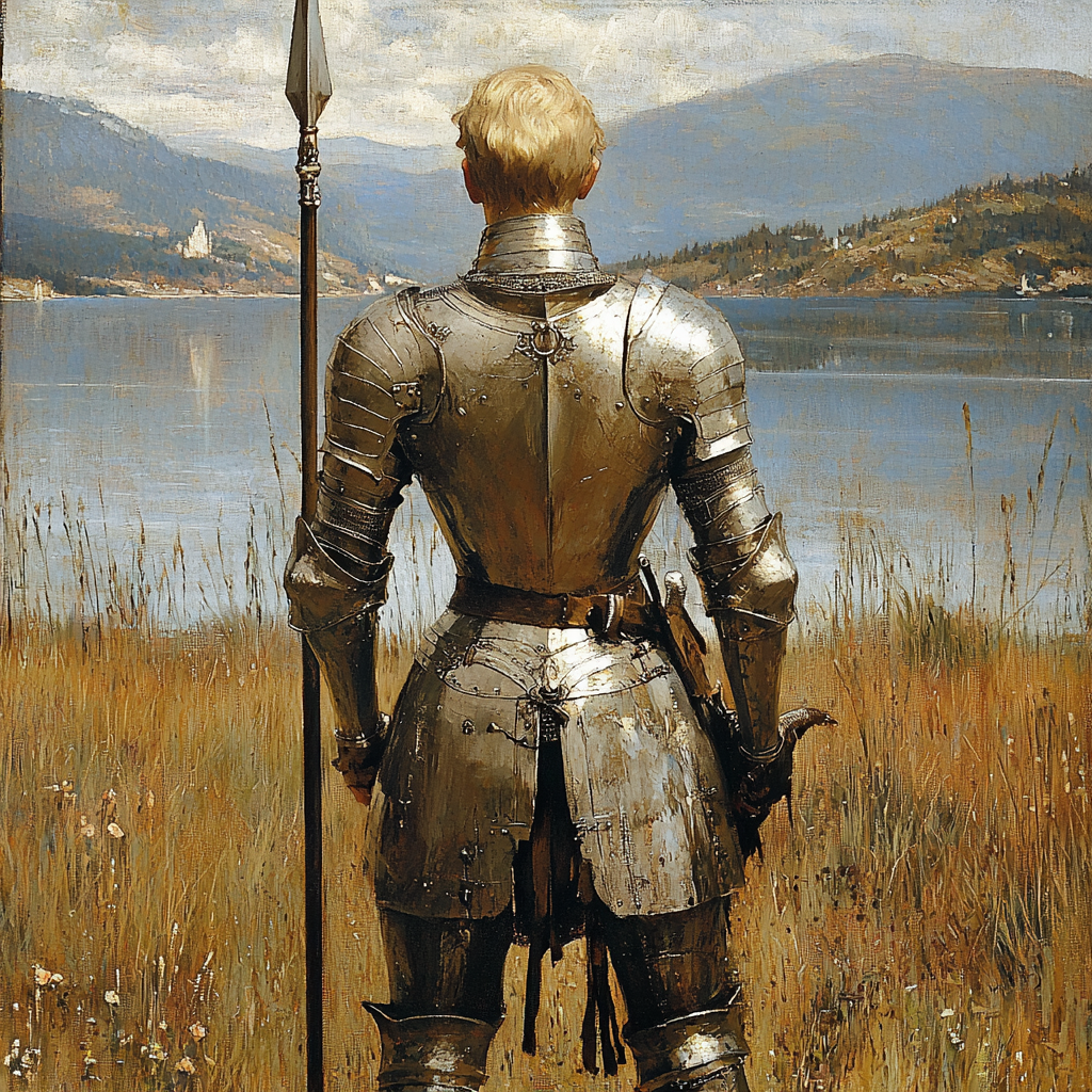 Knight in silver armor with spear, noble blonde hair.