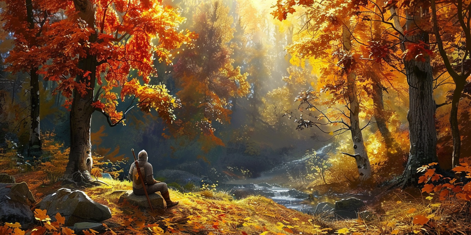 Knight rests by colorful forest stream in sunlight.