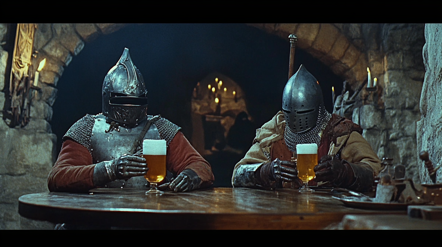 Knights drinking beer in dimly lit tavern scene.