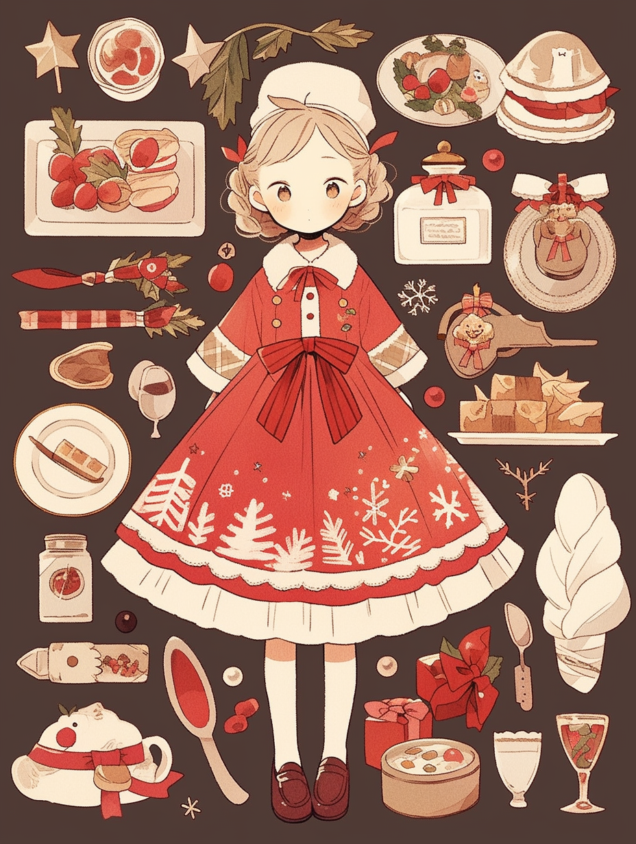 Knolling of Cute Christmas Girl and Decorations