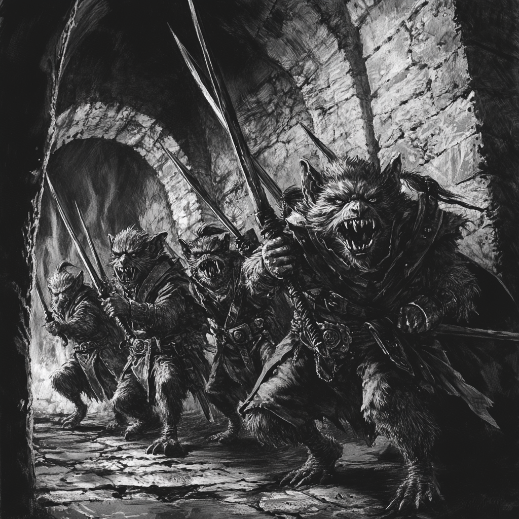 Kobold Squad with Spears in Dungeon Battle Drawing.