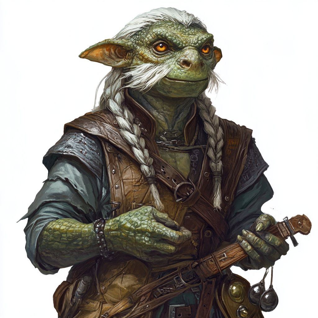 Kobold bard Rufus with green skin, gold eyes, beard.