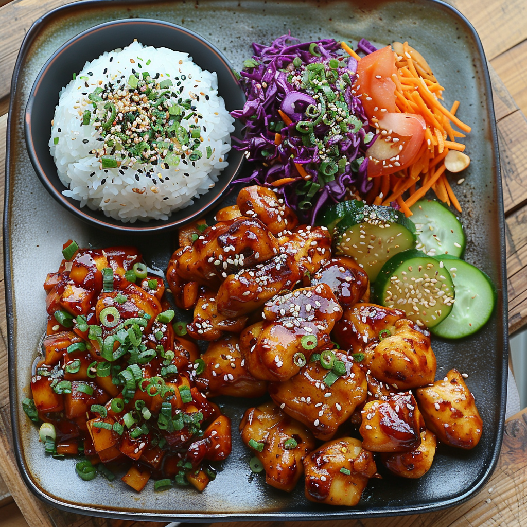 Korean chicken with coleslaw, vegetables, rice on plate.