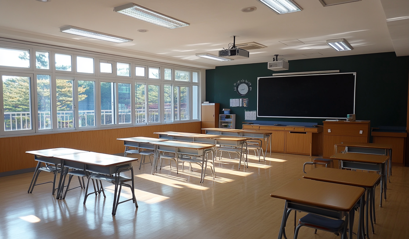 Korean classroom with clean desks and polished floor.