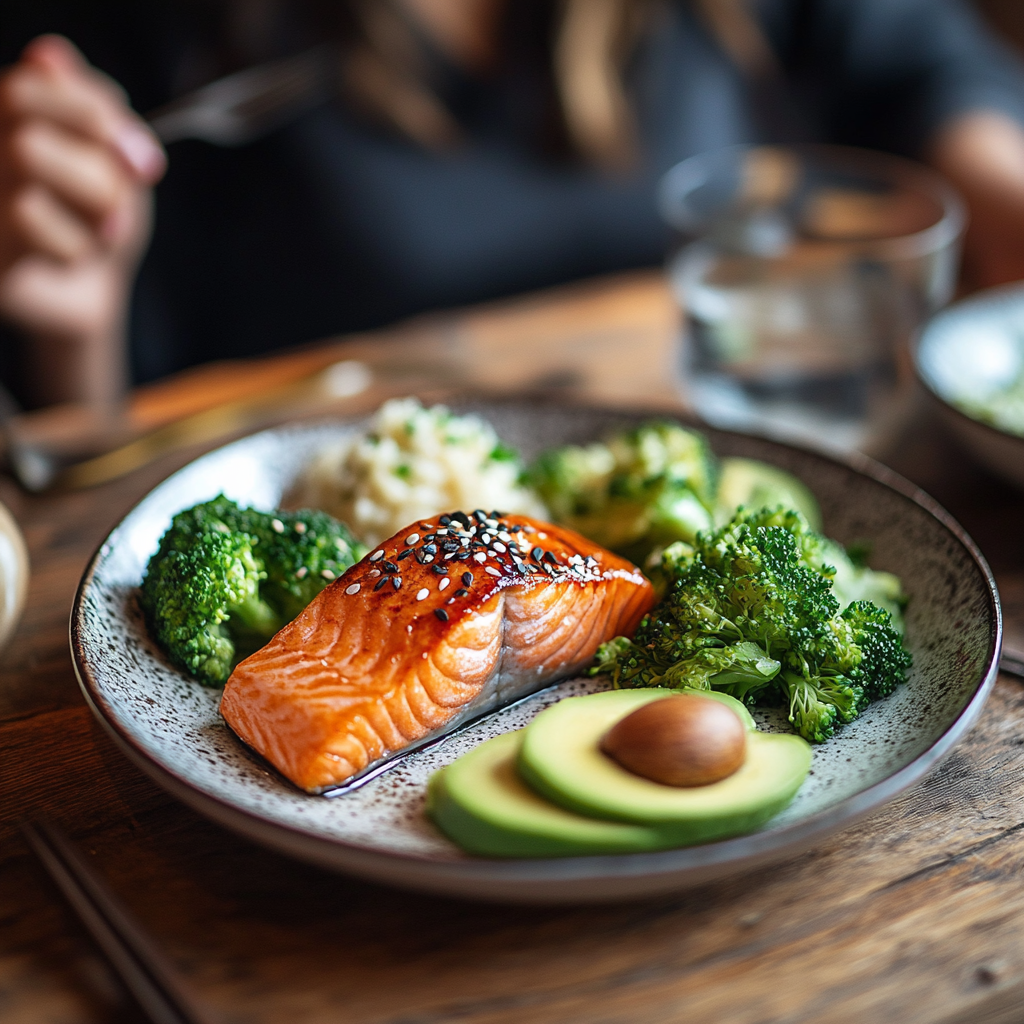 Korean enjoying healthy meal of salmon, broccoli, avocado. Happy!